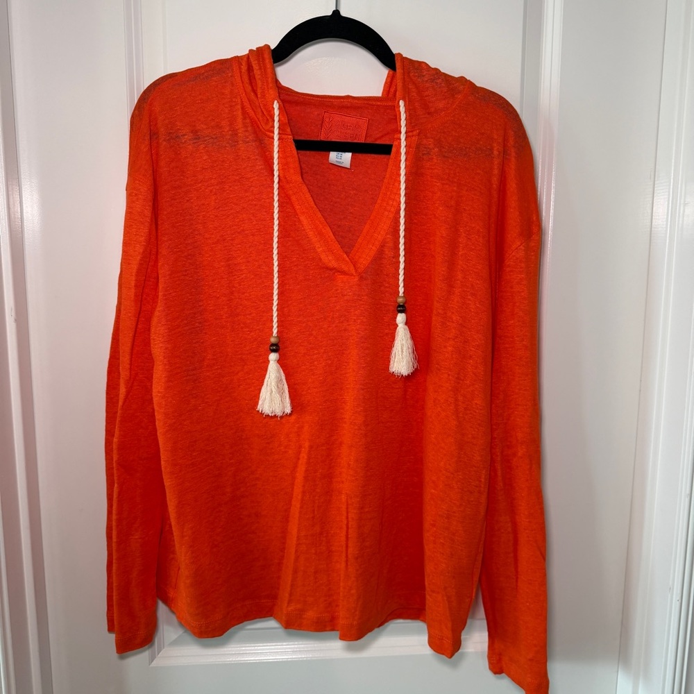 Sigrid Olsen 100% Linen Hooded Pullover V-neck Orange Sz Medium Beach Resort